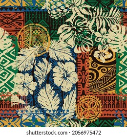 Hawaiian tribal elements and hibiscus fabric patchwork abstract vintage vector seamless pattern  - Shutterstock ID 2056975472