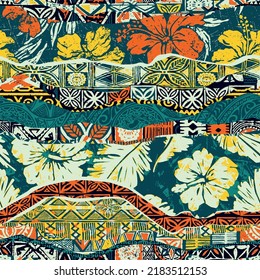 Hawaiian tribal elements and hibiscus fabric patchwork abstract striped vector seamless pattern
