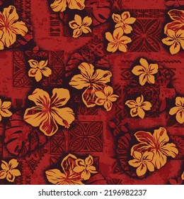 Hawaiian tribal elements and hibiscus flowers patchwork abstract vintage vector seamless pattern 