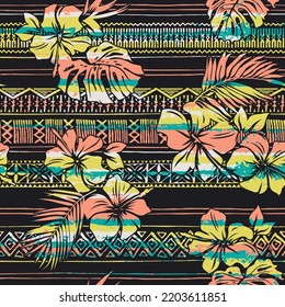 Hawaiian tribal elements and hibiscus flowers abstract grunge vintage vector seamless pattern 