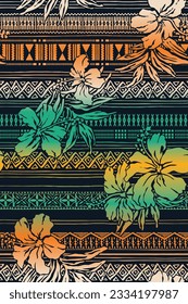 Hawaiian tribal elements and hibiscus flowers abstract grunge vintage vector seamless pattern