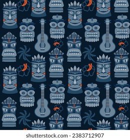 Hawaiian tribal Tiki elements, ukulele and hibiscus fabric abstract vintage vector seamless pattern in deep dark blue colors