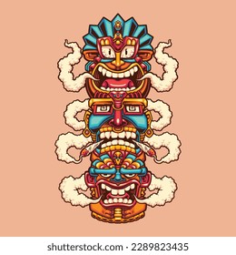 hawaiian tripple tiki smoking logo illustration for logo, mascot, or tshirt design