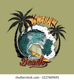 Hawaiian Tropical Beach, Hawaii t-shirt design. Vector illustration.