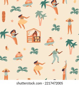 Hawaiian tropical beach pattern with people dance hula, drink cocktail, surf, sing and have great vacation time seamless pattern in vector.