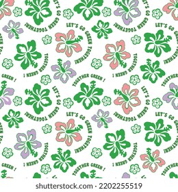 HAWAIIAN TROPICAL COLORFUL FLORAL TOGETHAR GREEN SEAMLESS PATTERN VECTOR