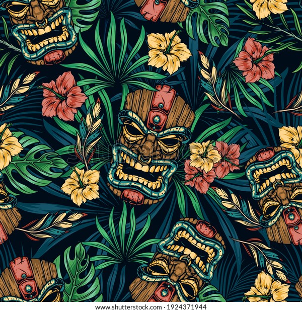 Hawaiian tropical colorful seamless pattern\
with tribal tiki mask hibiscus flowers monstera and palm leaves\
vector illustration