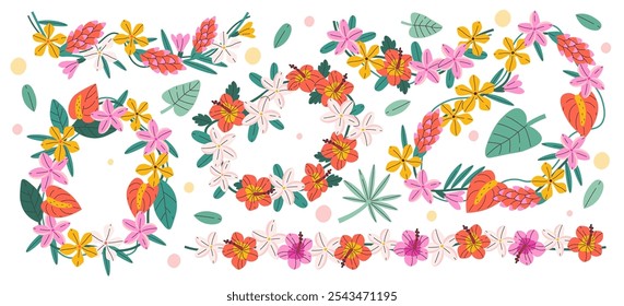 Guirnaldas florales tropicales hawaianas, corona de flores de hibisco para la boda y la decoración del partido de la playa. Chaplet botánica, plantas exóticas de la selva con arreglo de flores del paraíso Ilustración vectorial