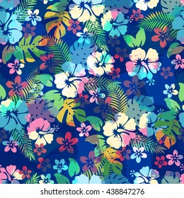 Hawaiian Tropical Floral Seamless Pattern For Backgrounds Or Fabric Print. Endless Repeat Texture With Hibiscus Flowers And Palm Leaves.