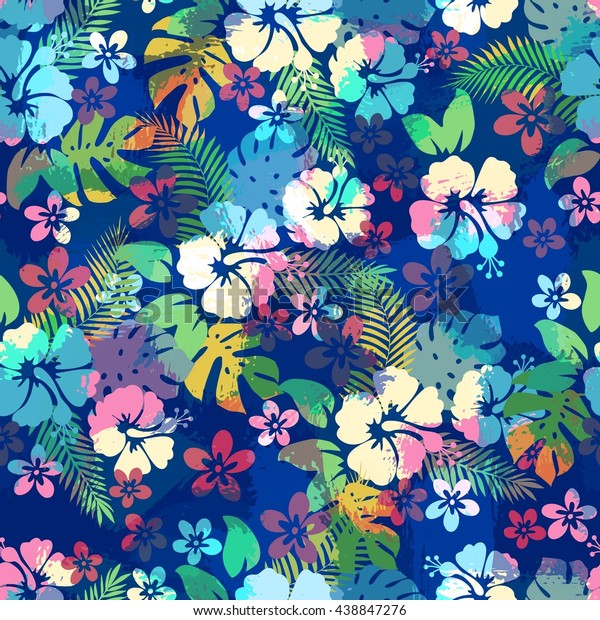 背景や布地のプリント用のハワイ の熱帯の花柄のシームレスなパターン ハイビスカスの花とヤシの葉で繰り返しのテクスチャーが無限にあります のベクター画像素材 ロイヤリティフリー
