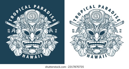 Hawaiian tropical islands sticker monochrome with Tiki mask and exotic jungle flowers for fashion youth clothing design vector illustration