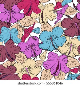 Hawaiian tropical natural floral in beige, violet and pink colors. Hibiscus flowers on a white background in a trendy vector style.
