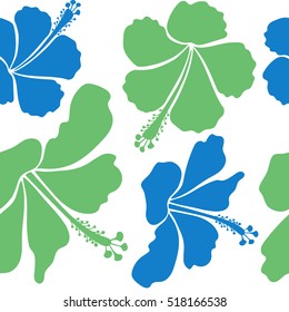 Hawaiian tropical natural floral in blue and green colors. Hibiscus flowers on a white background in a trendy vector style.