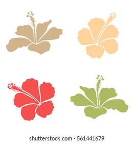 Hawaiian tropical natural floral collection in pink, green and beige colors. Pink, green and beige hibiscus flowers set in a trendy vector style.