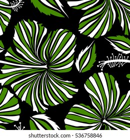 Hawaiian tropical natural floral in green and white colors. Hibiscus flowers on a black background in a trendy vector style.