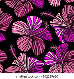 Hawaiian tropical natural floral in neutral, pink and magenta colors. Hibiscus flowers on a black background in a trendy vector style.