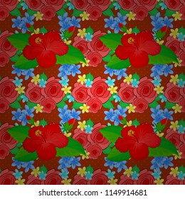 Hawaiian tropical natural floral seamless pattern in orange, red and green colors. Orange, red and green hibiscus flowers in a trendy vector style.