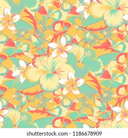 Hawaiian tropical natural floral seamless pattern in blue, yellow and beige colors. Blue, yellow and beige hibiscus flowers in a trendy vector style.