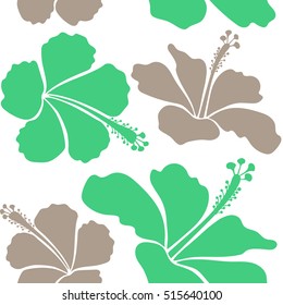 Hawaiian tropical natural floral seamless pattern in beige and green colors. Hibiscus flowers on a white background in a trendy vector style.