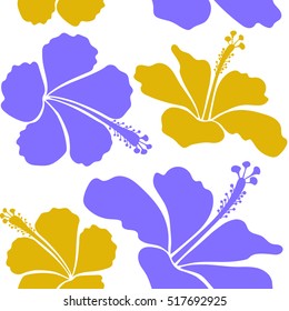 Hawaiian tropical natural floral seamless pattern in violet and yellow colors. Hibiscus flowers on a white background in a trendy vector style.