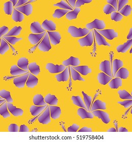 Hawaiian tropical natural floral seamless pattern in neutral, yellow and purple colors. Neutral, yellow and purple hibiscus flowers in a trendy vector style.