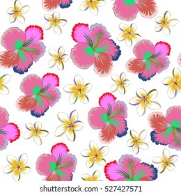 Hawaiian tropical natural floral seamless pattern in pink, green and orange colors. Hibiscus flowers on a white background in a trendy vector style.