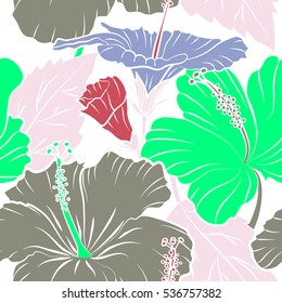 Hawaiian tropical natural floral seamless pattern in green and pink colors. Hibiscus flowers on a white background in a trendy vector style.