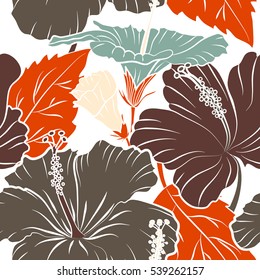 Hawaiian tropical natural floral seamless pattern in brown, orange and blue colors. Hibiscus flowers on a white background in a trendy vector style.
