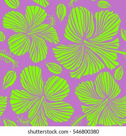 Hawaiian tropical natural floral seamless pattern in violet and green colors. Violet and green hibiscus flowers in a trendy vector style.