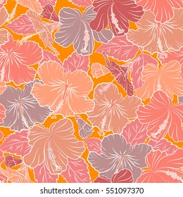 Hawaiian tropical natural floral seamless pattern in orange and pink colors. Orange and pink hibiscus flowers in a trendy vector style.