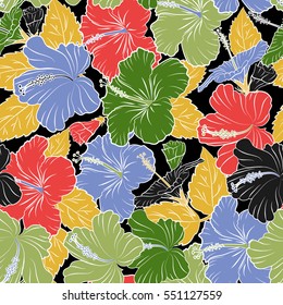 Hawaiian tropical natural floral seamless pattern in pink, green and yellow colors. Hibiscus flowers on a black background in a trendy vector style.