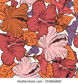 Hawaiian tropical natural floral seamless pattern in purple, pink and orange colors. Hibiscus flowers on a white background in a trendy vector style.