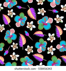 Hawaiian tropical natural floral seamless pattern in green and pink colors. Hibiscus flowers on a black background in a trendy vector style.