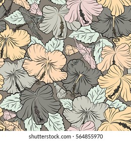Hawaiian tropical natural floral seamless pattern in beige and gray colors. Beige and gray hibiscus flowers in a trendy vector style.
