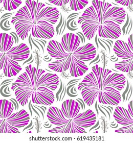 Hawaiian tropical natural floral seamless pattern in gray and magenta colors. Hibiscus flowers on a white background in a trendy vector style.