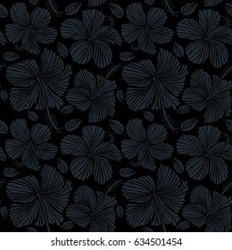 Hawaiian tropical natural floral seamless pattern in blue colors. Hibiscus flowers on a black background in a trendy vector style.