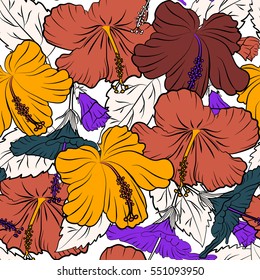 Hawaiian tropical natural floral in yellow, violet and orange colors. Hibiscus flowers on a white background in a trendy vector style.
