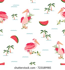 Hawaiian tropical pattern with palms and pelicans . Can be used for prints, textile. wrapping paper
