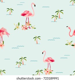 Hawaiian tropical pattern with palms and pelicans . Can be used for prints, textile. wrapping paper