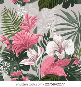 Hawaiian tropical seamless pattern. Exotic flowers on a neutral background.