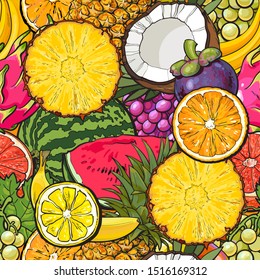 Hawaiian tropical seamless pattern with tropical fruits such as pineapple, coconut and watermelon vector illustration. Background texture for fabric prints or packaging.