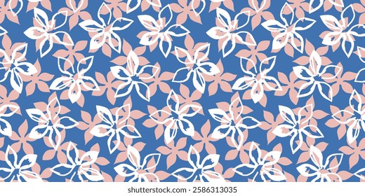 Hawaiian tropical seamless pattern with hibiscus flowers. Surface cover design. Fabric textile print. Aloha summer blue background.