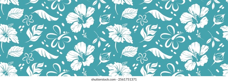 Hawaiian tropical seamless pattern. Organic repeating ornament with blooming hibiscus flowers and exotic plant leaves. Design element for printing on fabric. Flat hand drawn vector illustration