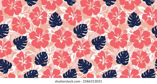 Hawaiian tropical seamless pattern with palm leaves and hibiscus flowers. Surface cover design. Fabric textile print. Aloha summer beach background. Isolated element.