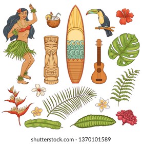 Hawaiian tropical vacation symbols vector illustration isolated on white background. Beautiful exotic summer plants and other goods hand drawn icons set in sketch style.