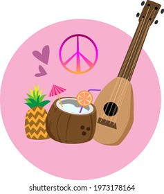 Hawaiian tropics theme with guitar, vector illustration