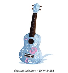 Hawaiian ukulele blue guitar with a pattern of pink hibiscus, white leaves and curls. Folk musical instrument of the islands of Polynesia for the dance of Hula. Vector illustration.
