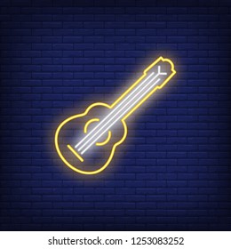 Hawaiian ukulele guitar neon sign. Music and vacation design. Night bright neon sign, colorful billboard, light banner. Vector illustration in neon style.