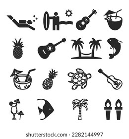 Iconos de la playa vectorial hawaiana plana