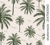 Hawaiian vector hand drawn seamless pattern with green palms